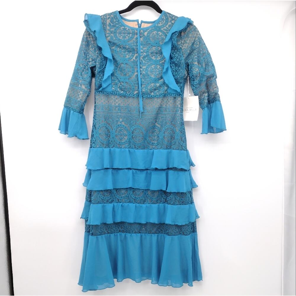 26 Aura Bella teal blue lace floral ruffle high waisted midi dress size medium
